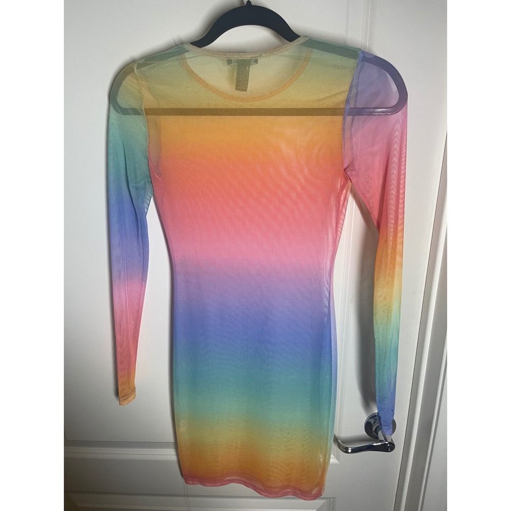 Publik Women Rainbow Ombre Mesh Mini Dress Long Sleeve Sheer Bodycon Small